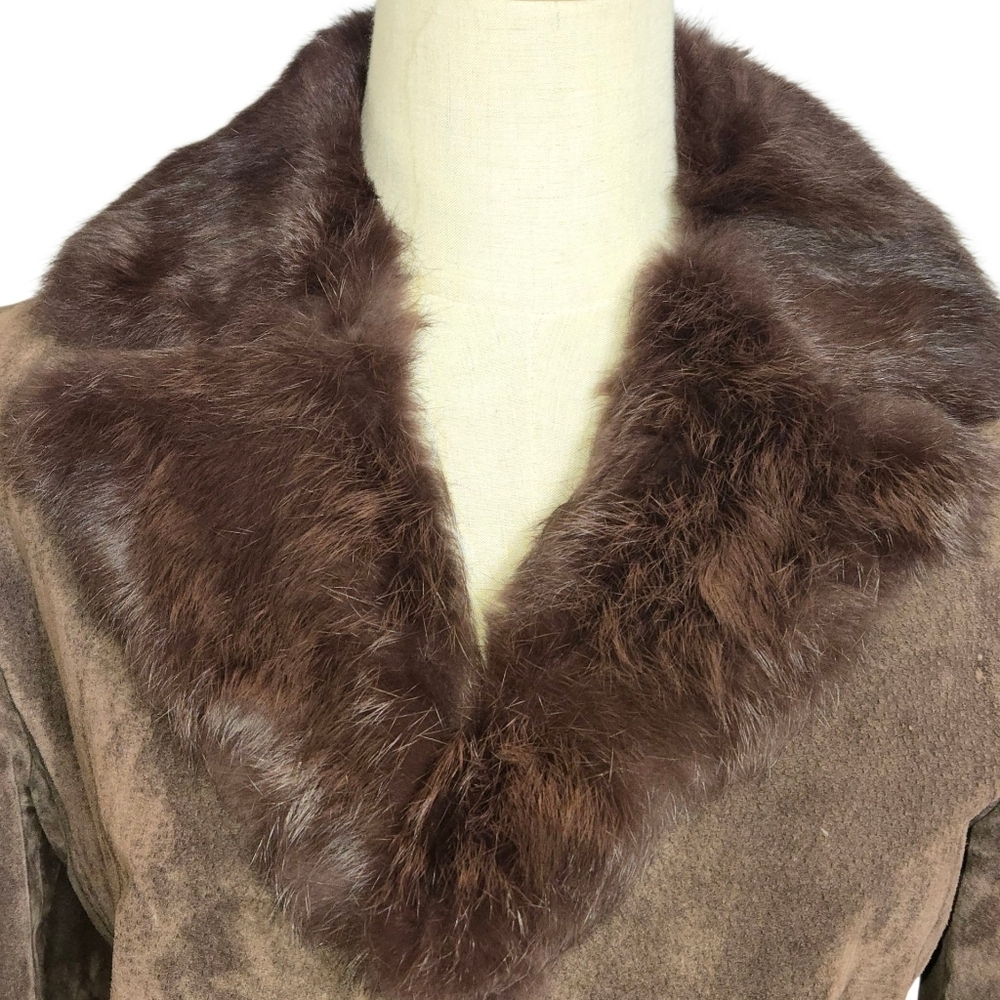XOXO Vintage 90s Brown Suede Blazer with Rabbit Fur Collar - Picture 2 of 9